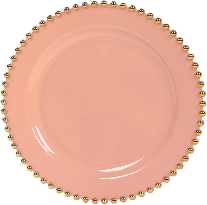 8" Salad Plates - Set of 10 - Plastic Dusty Rose Round Disposable Dessert Appetizer Plate with Gold Beaded Rim, Ideal for Dinner Party Wedding Bulk Events