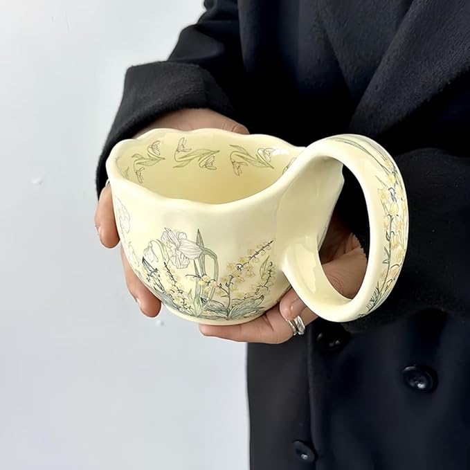 16.91oz/500ml Handpainted Soup Bowl with Handle,Ceramic Cereal Bowl Microwave & Dishwasher Safe,Loop Handle Bowl Great for Soup,Yogurt,Snack,Chip,Stew,Ice Cream,Coffee (Cosmos Flower)