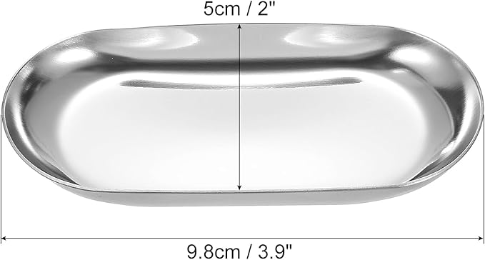 uxcell 4pcs Stainless Steel Decorative Tray, 3.9" Oval Serving Tray Metal Decorative Plate for Perfume Jewelry Cosmetic Bathroom Organizer, Silver