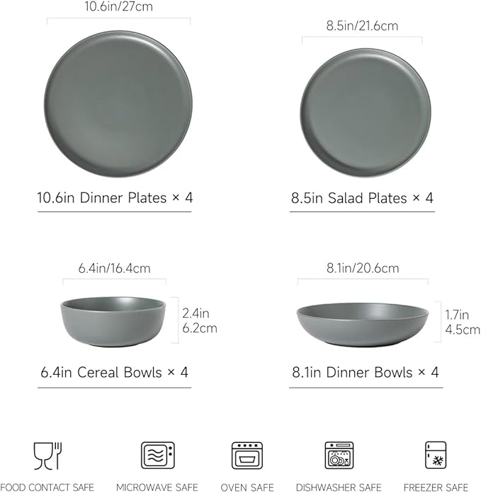 Stoneware Dinnerware Set, 16 Piece Plates and Bowls Set for 4, Microwave and Dishwasher Safe Tableware (green)