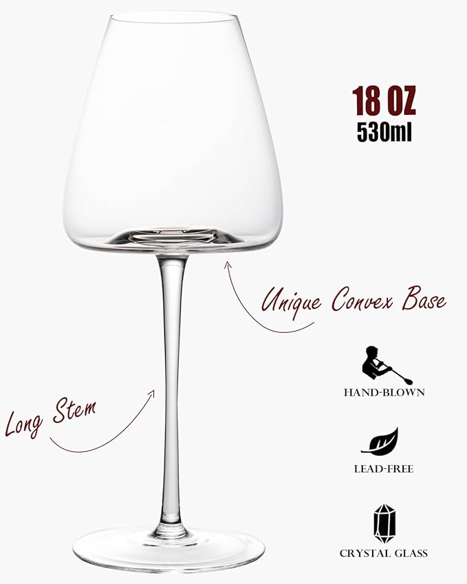 Hand-Blown 18OZ Crystal Wine Glasses Set of 4, Lead-Free Crystal Glasses with Unique Bottom Design for Red, White Wine, 530ml