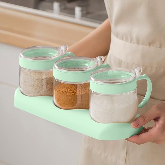 NAN Wind Glass Seasoning Box Set,12oz/350 ml Condiment Set With Lids and Spoon,Clear Glass Condiment Canisters,2Pack Scondiment Jar Set for Sugar Pepper for Kitchen Counter(Green)