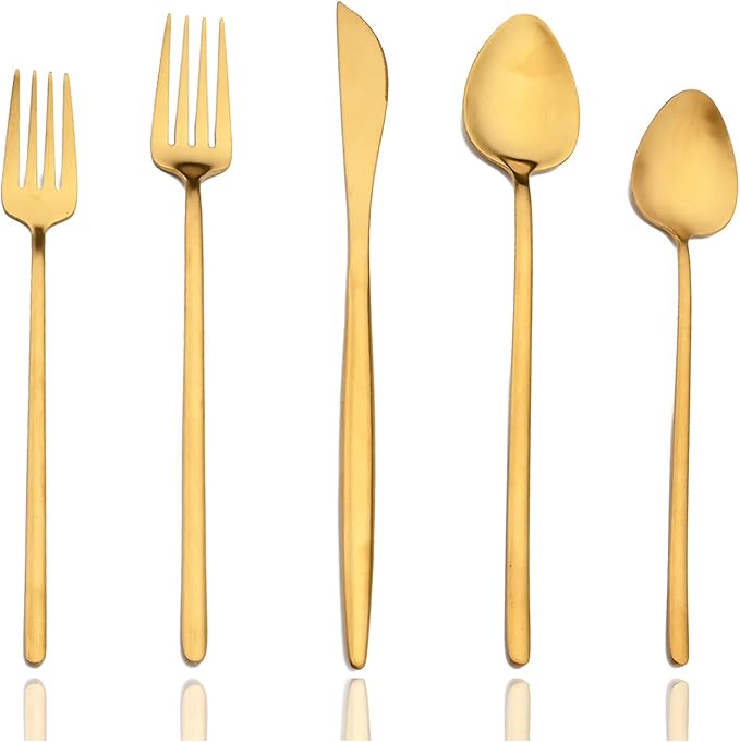 JASHII Modern Silverware Set - 20 Pieces Cutlery Set Matte Gold - Brushed 304 Stainless Steel Flatware Set - Narrow and Long Handle - for Home Dinner and Restaurant