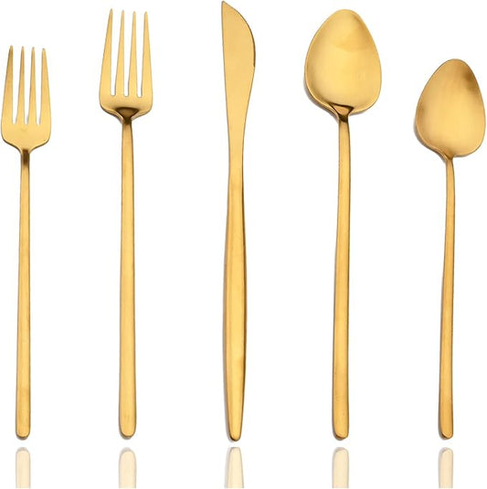 JASHII Modern Silverware Set - 20 Pieces Cutlery Set Matte Gold - Brushed 304 Stainless Steel Flatware Set - Narrow and Long Handle - for Home Dinner and Restaurant