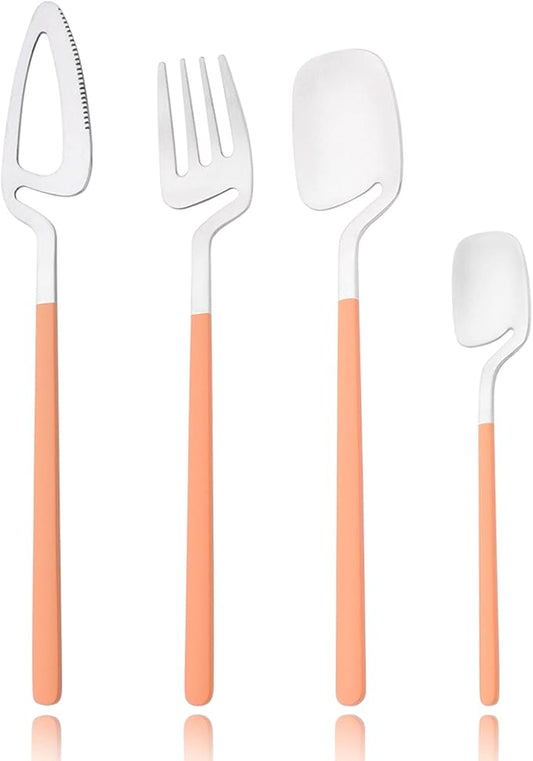 8 Pcs 304 Stainless Steel Flatware Set For 2 People, Matte Creative Hanging Cutlery With Bright Orange Handles, Daily Use For Picnic Travel Hiking Couples And Friends (Orange Silver)