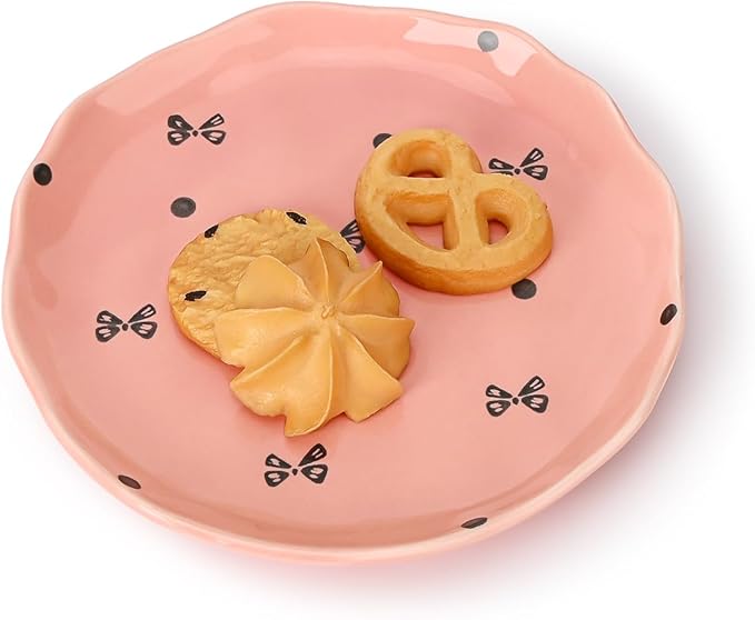 Koythin Ceramic Dessert Plates, Cute Fruits Dinner Plate, Creative Plates Design, Printed Flowers Dinnerware for Office and Home, Kitchen Plates for Desserts (Pink Small Bow)