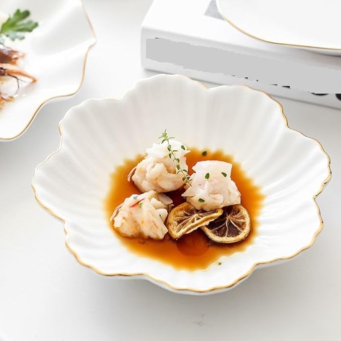 Kitchen Plates Flower Shape Ceramic Plate Nordic Floral White Porcelain Dinner Plate Soup Salad Bowl Dessert Dish Tableware Restaurant Plates(8 inches)