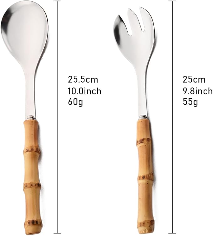 Gugrida Flatware Silverware Serving Set Silver Stainless Steel Hostess Serving Utensil Set with Bamboo Handle Dishwasher Safe, 2 Serving Spoon 2 Serving Fork
