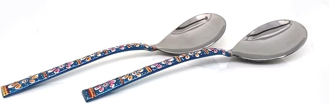 Rastogi Handicrafts Copper Bamboo Hand Painted Meena Work Dinnerware flatware serving spoon utensils Set Of Two (Terquaise)