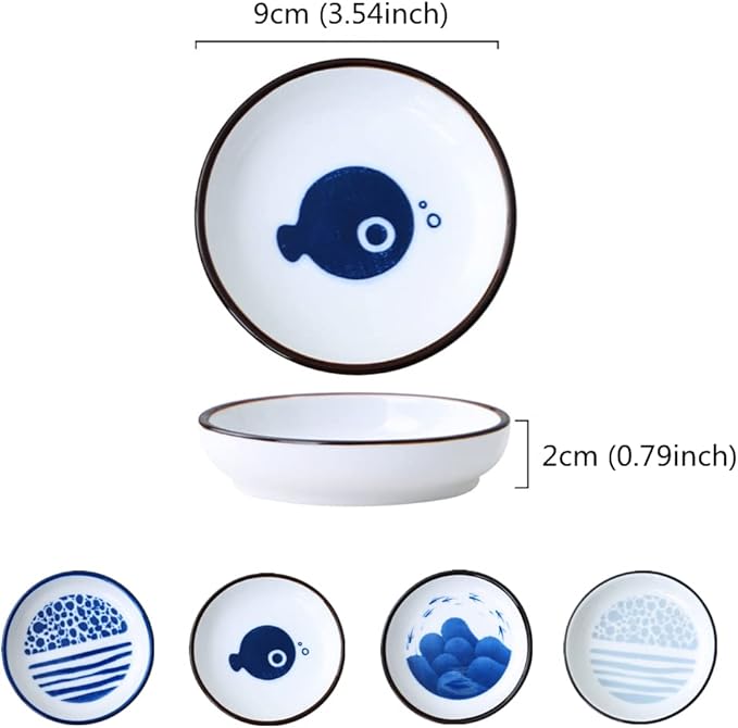 Japanese Retro Ceramic Side Dishes Set of 4, Ceramic Sauce Dipping Bowls Porcelain Side Dish Bowl, 3.54 Inch Mini Seasoning Dish for Ketchup, Sushi, Snack, BBQ and Other Party Supplies