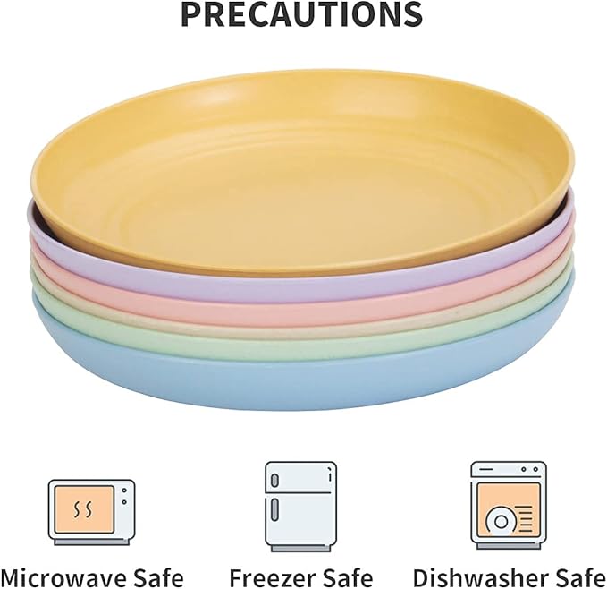 12 PACK 9 Inch Lightweight Wheat Straw Plates, Unbreakable Deep Dinner Plates, Plastic Plates Reusable, Assorted Colors Dinnerware Sets, Microwave & Dishwasher Safe