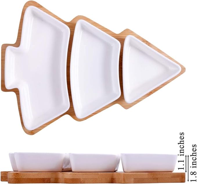 10.8 Inches Snack Appetizer Trays Set, Christmas Tree Dessert Serving Dishes, Snack Platter, 3 pcs Removable White Porcelain Plates with Bamboo Tree Tray