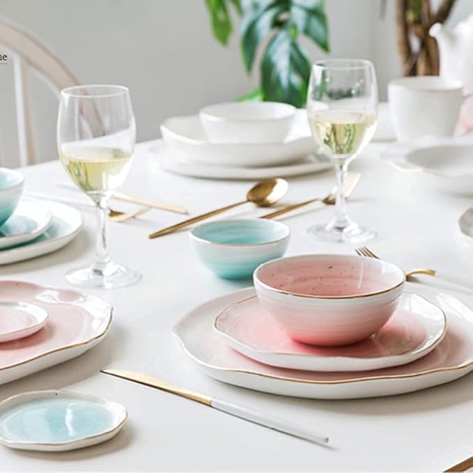 Dinnerware Sets Dish Set,8 Pcss,Irregular Porcelain Tableware Set with Plates Dish and Bowls,Pink Blue and White Ceramic Dinner Set