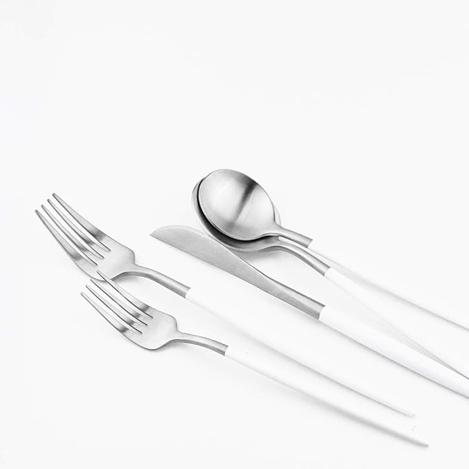 Gugrida Luxury Flatware, Royal 20 Piece Matte White Handle 18/10 Stainless Steel Tableware Sets for 4 Including Forks Spoons Knives, Camping Silverware Travel Utensils Set Cutlery (White Silver)