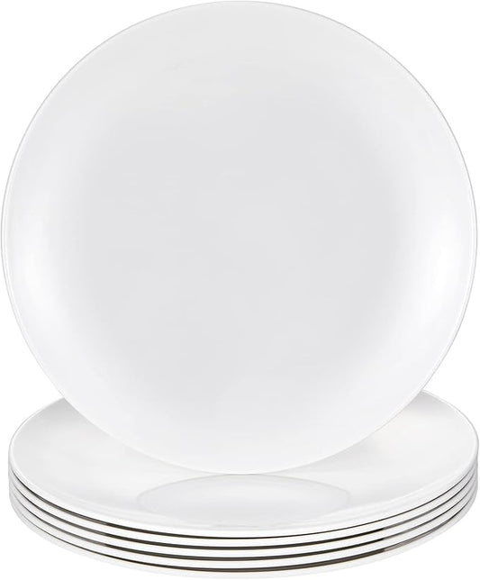 11 Inch White Melamine Plates Wide Side Flat Bottom Deep Round Dinner Plates Salad and Dessert Plates Lightweight Durable and Easy to Clean,Non Ceramic Disc Pad Set of 6,PYW-11-06