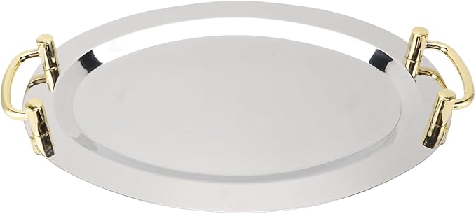 Silver Tray with Stainless Steel Platter with Handle – Multifunction Portable Serving Tray for Restaurant & Hotel Buffet, Rectangle Shape, 47.5cm (Round Shape with Gold Handle, 46cm)
