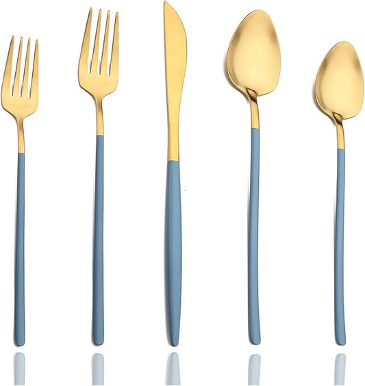 JASHII Matte Blue and Gold Silverware Set, 304 Stainless Steel Flatware Set Service for 4, Tableware Cutlery Set for Home Restaurant Party, Dinner Forks/Spoons/Knives, Slim Handle, Dishwasher Safe