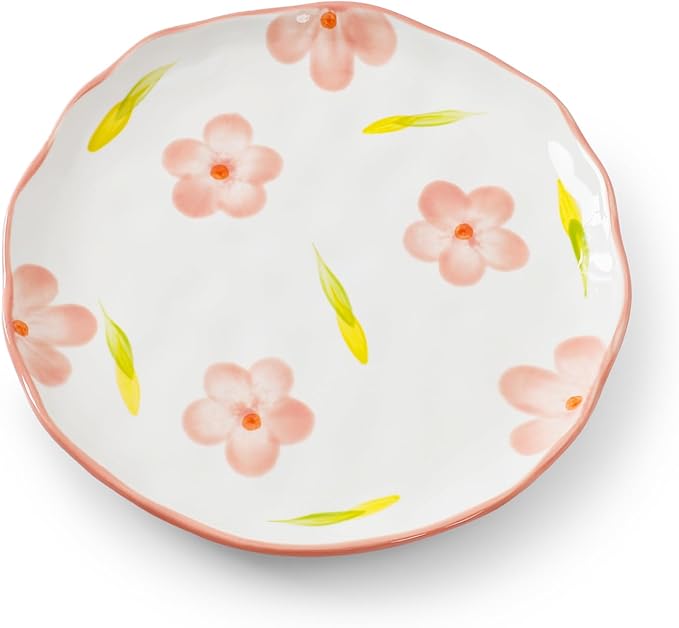 Koythin Floral Ceramic Dinner Plates, 8" Microwave Safe Dishes for Pasta, Modern Rustic Appetizer Plate for Salad Fruits Dessert Cake (Pink Large Petals)