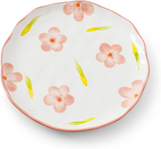 Koythin Floral Ceramic Dinner Plates, 8" Microwave Safe Dishes for Pasta, Modern Rustic Appetizer Plate for Salad Fruits Dessert Cake (Pink Large Petals)