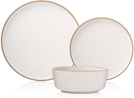 Godinger Inwood White Speckled Stoneware 12-Piece Dinnerware Set – Rustic Glazed Plates and Bowls, Service for 4, Microwave & Dishwasher Safe