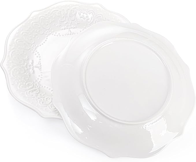 SOUJOY Set of 6 Porcelain Dinner Plate, 10'' Embossed Salad Plates, White Dessert Serving Plates for Steak Appetizer, Kitchen Plates for Restaurant, Family Party, Dishwasher Microwave Safe