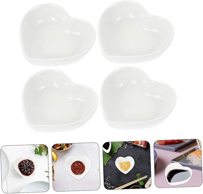 PRETYZOOM 4pcs Heart-shaped Ceramic Dipping Bowl Snack Bowl Appetizer Plate Small Sauce for Condiments Stylish Decor