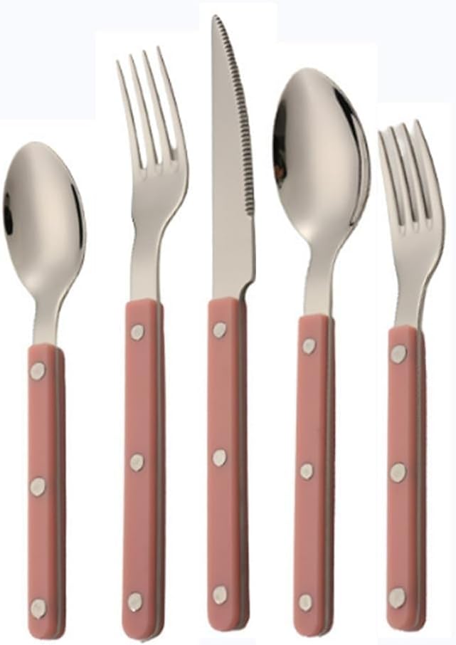 ABS Rivet Handle Marble Pattern Handle Kitchen Stainless Steel Silverware Tableware Flatware Cutlery Knives Forks Spoons Set,Butter Knife Dessert Spoon Fork (Pink,5 pieces)