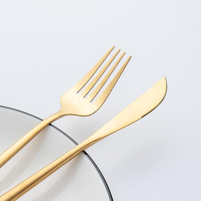 24Pcs Gold Silverware Set, Stainless Steel Flatware Serving Set, Knife Fork Spoon Set for Families, Hotels, Dessert Shops, Wedding Banquets