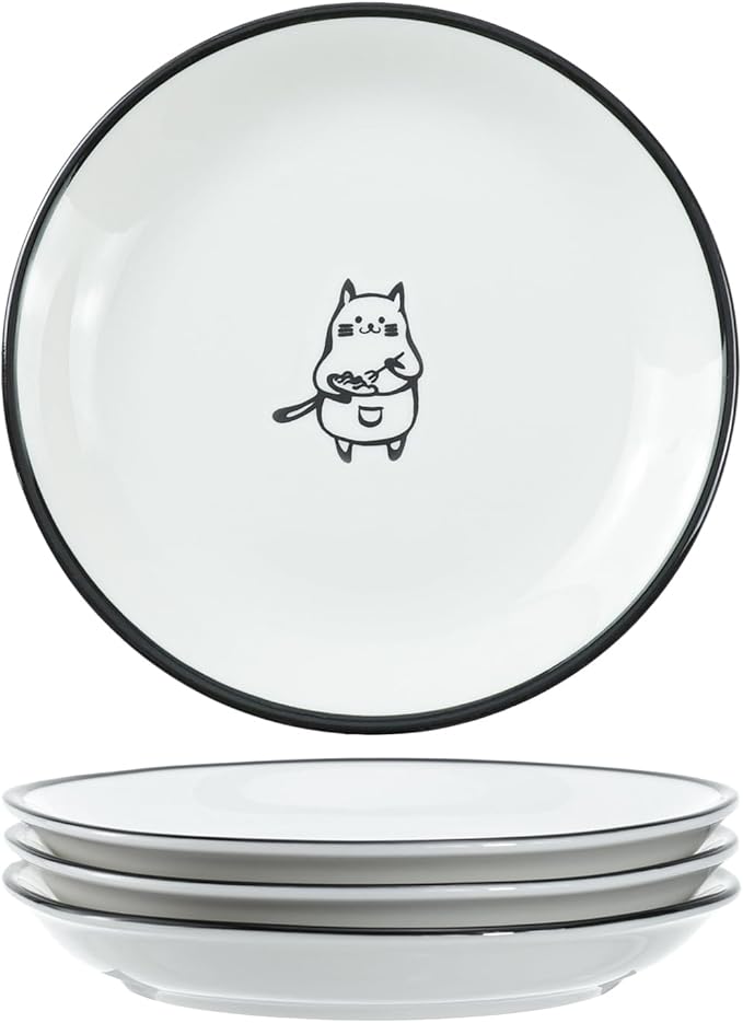 SOCOSY Cute Cartoon Chef Cat Ceramic Seasoning Dishes Sauce Dish Sushi Dipping Bowl Appetizer Plates Tea Bag Holder Serving Dish for Kitchen, 5 Inch, Set of 4
