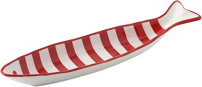 Ceramic Fish Shaped Serving Dish, Red and White Striped Pattern, Appetizer Snack Plate, Microwave Dishwasher Safe, 12x7 Inch (Red Stripes)