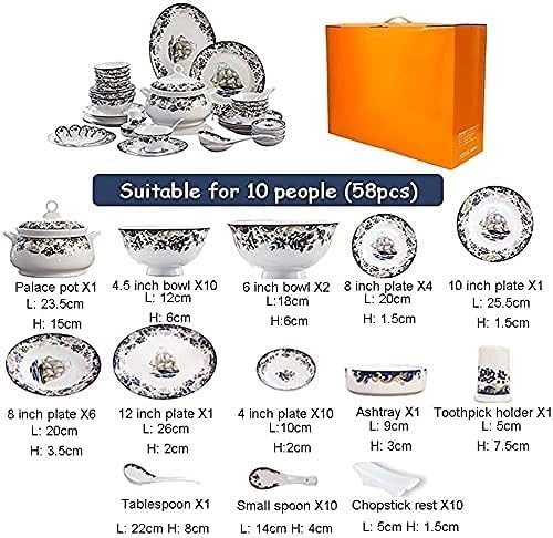 Dinnerware Sets Dish Set,58 Pcss,Bone China Porcelain Tableware Set with Plates Bowls and Dish,Sailboat Pattern Ceramic Dinner Set