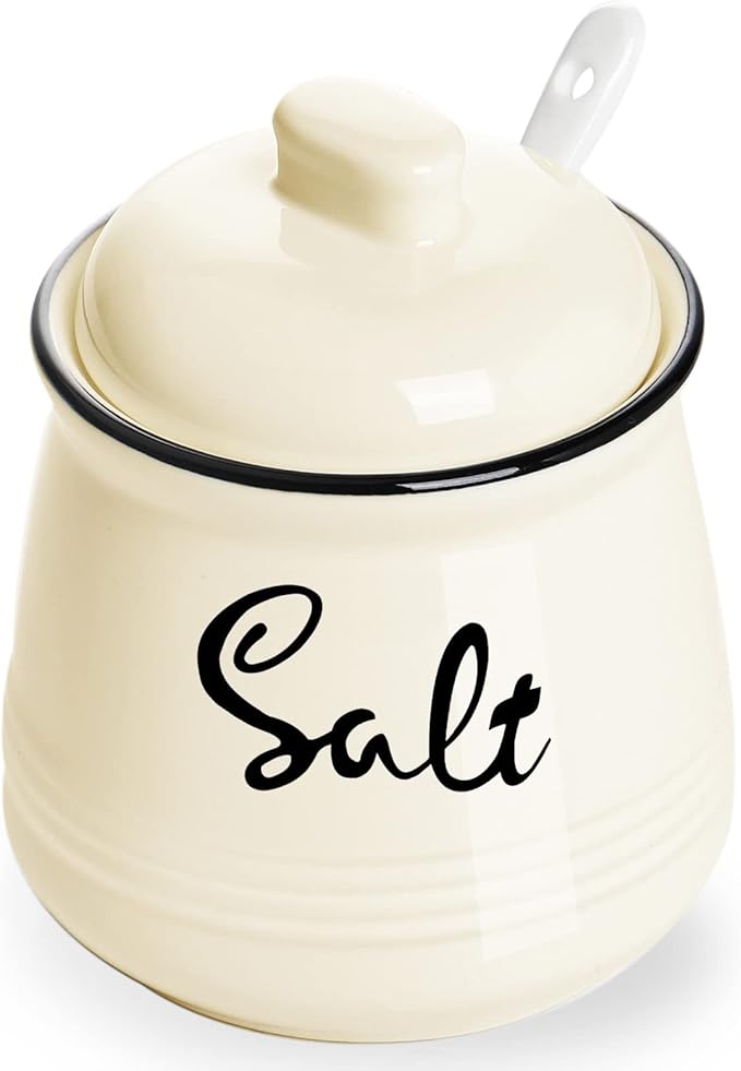 HAOTOP Farmhouse Porcelain Salt Bowl with Lid and Spoon 12oz,Easy to Clean (Beige)