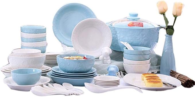 61 Pieces Porcelain Dinner Set Blue and White Ceramics Tableware Combination Sets Service for 10-12 People,