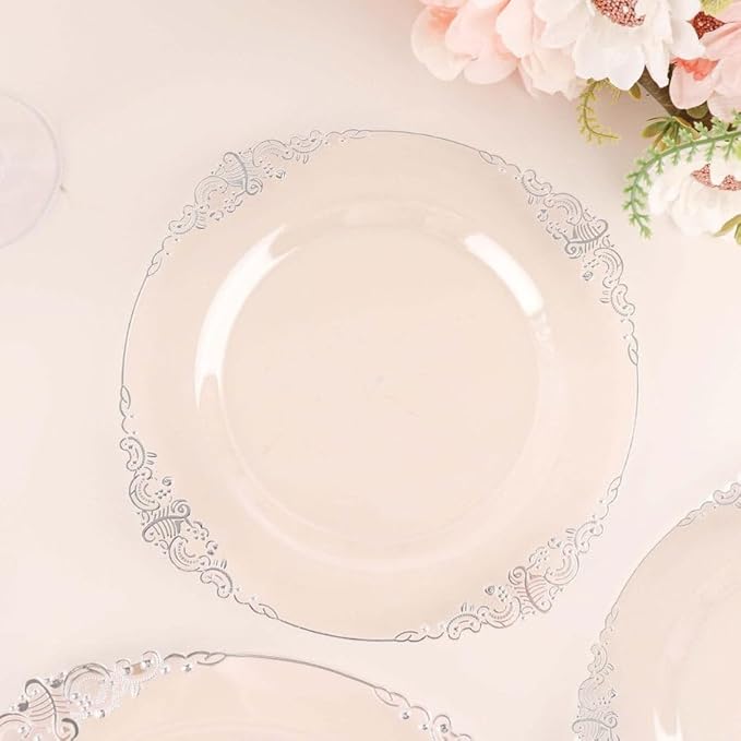 10" Dinner Plates -Set of 20 - Plastic Clear Silver Round Baroque Disposable Plate Leaf Embossed Rim, Ideal for Decoration Party Wedding Bulk Events