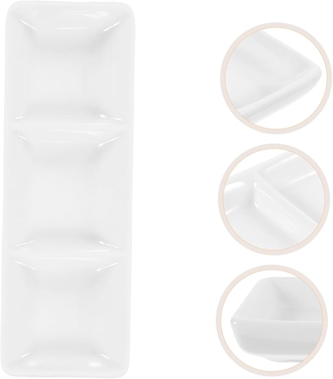 Veemoon Rectangular Sauce Plate Divided Appetizer Serving Tray Ceramic Snack Dishes Spice and Soy Sauce Holder