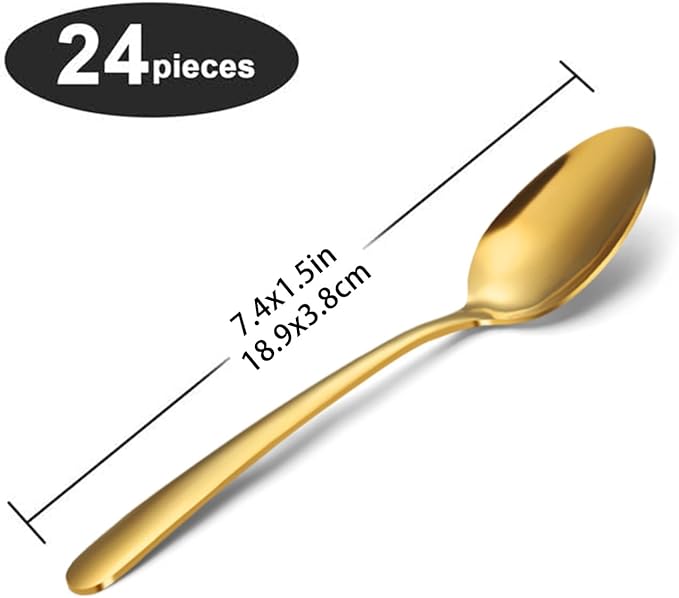 Unokit Dinner Spoons Set 24 Pieces (7.4 inch) - Stainless Steel silverware, Tablespoon, Silverware Spoons for Home, Kitchen or Restaurant - Mirror Polished, Dishwasher Safe - Gold