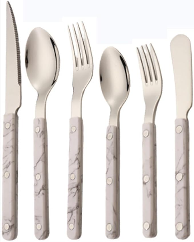ABS Rivet Handle Marble Pattern Handle Kitchen Stainless Steel Silverware Tableware Flatware Cutlery Knives Forks Spoons Set,Butter Knife Dessert Spoon Fork (6-piece set -1 set,Marbling)