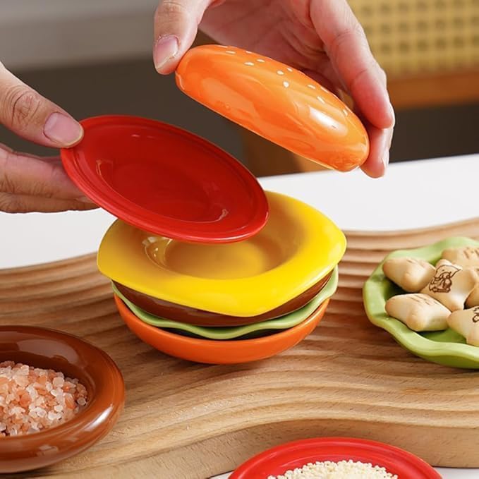 6-Piece Stackable Burger Plate Set - Hamburger Tableware Multi-Layer Dish Set for BBQ, Party & Appetizers (Mini Snack/Dessert Plates, Sushi Dip Tray) - Durable & Space-Saving