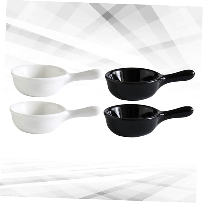 Ciieeo 4pcs Dessert Tray Ceramic Seasoning Sauce Plates Ergonomic Handle for Dipping Appetizers and Snacks Japanese Style Kitchenware Black White