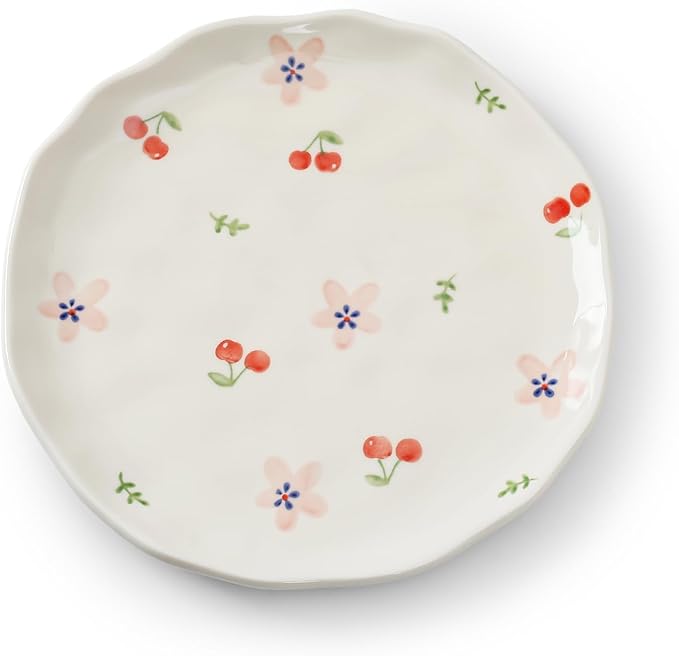 Koythin Floral Ceramic Dinner Plates, 8" Microwave Safe Dishes for Pasta, Modern Rustic Appetizer Plate for Salad Fruits Dessert Cake (Pink Flowers)