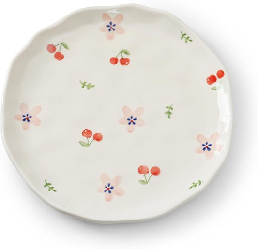 Koythin Floral Ceramic Dinner Plates, 8" Microwave Safe Dishes for Pasta, Modern Rustic Appetizer Plate for Salad Fruits Dessert Cake (Pink Flowers)