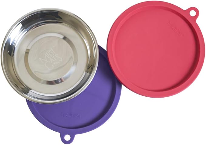 Messy Cats 4pc Set with Two Stainless Saucer Shaped Bowls and Two Silicone Lids, 1.75 Cups Per Bowl, Watermelon and Purple Lids