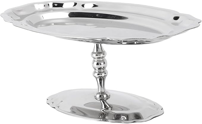 Footed Dessert Serving Tray, Silver Oval Serving Tray, Sturdy Steel Dessert Platter, Elegant Compact Fruit Cake Holder for Home Kitchen Hotel Restaurant Wedding