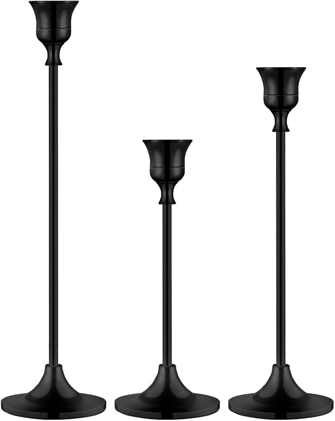 Metal Candle Holders for Candlesticks Taper Candlestick Holders Set Vintage Decorative Centerpiece Candelabra Tall Candle Stands (Matt Black, 1 Set (3 pcs))