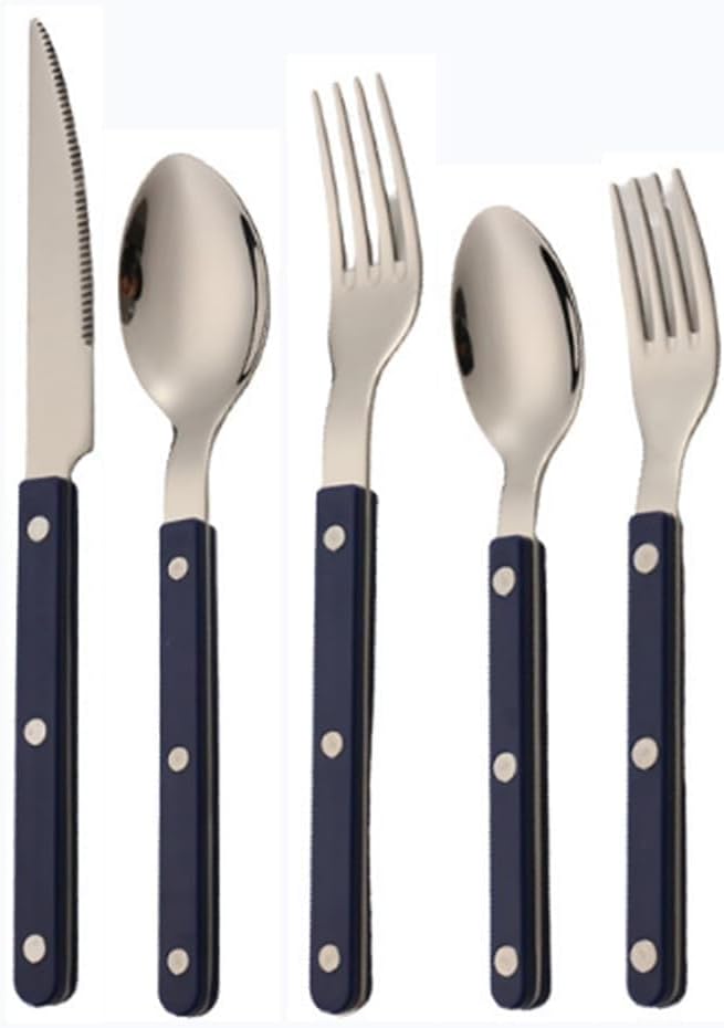 ABS Rivet Handle Marble Pattern Handle Kitchen Stainless Steel Silverware Tableware Flatware Cutlery Knives Forks Spoons Set,Butter Knife Dessert Spoon Fork (Blue,5 pieces)