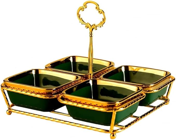 Appetizer Plates Ceramic Green Platter, 4-Grid Plate Nut Snack Plate Dried Fruit Plate, Refreshment Plate, Fruit Snack Plate with Shelf Seasoning Dish-Green