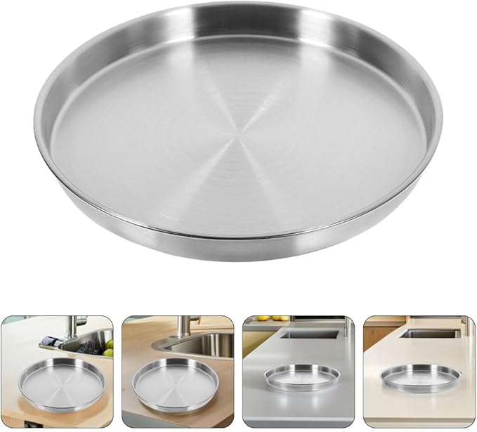LOGOFUN 2pcs Korean Style Stainless Steel Round Serving Tray Matte Flat Bottom Plate for Steaming Food Commercial BBQ Party 26cm Silver