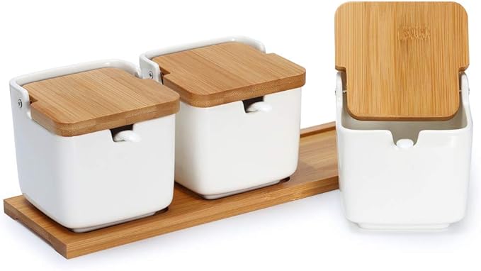 Lucky Goddness Porcelain Sugar Bowl Condiment Jar-Ceramic Flip Top Spice Container with Bamboo Lids and Spoons,for Kitchen Home