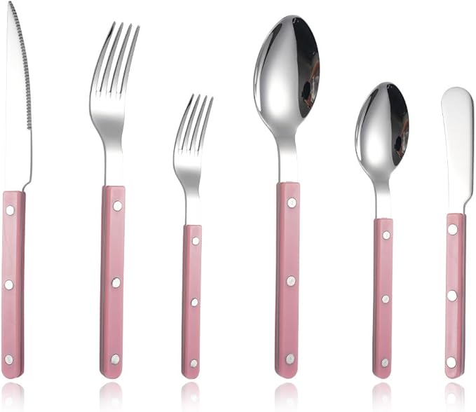 6-Piece Stainless Steel Silverware Cutlery Set - Color Handle with Rivet/Retro Style Sabre Flatware - Includes Dinner Knife; Dinner Fork; Salad Fork; Soup Spoon; Teaspoon; Spreader (Pink)