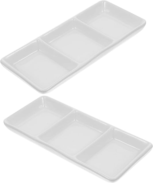 VOSAREA 2Pcs Rectangular Ceramic Dipping Bowls Three Sauce Dishes for Condiments Fruits Nuts and Candies Versatile Appetizer Plates for Home and Restaurant Use
